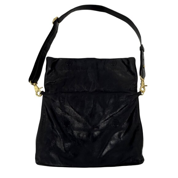 Tory Burch Black Leather Fold-Over Adjustable Strap Gold Tone Logo Crossbody Bag - Picture 9 of 16